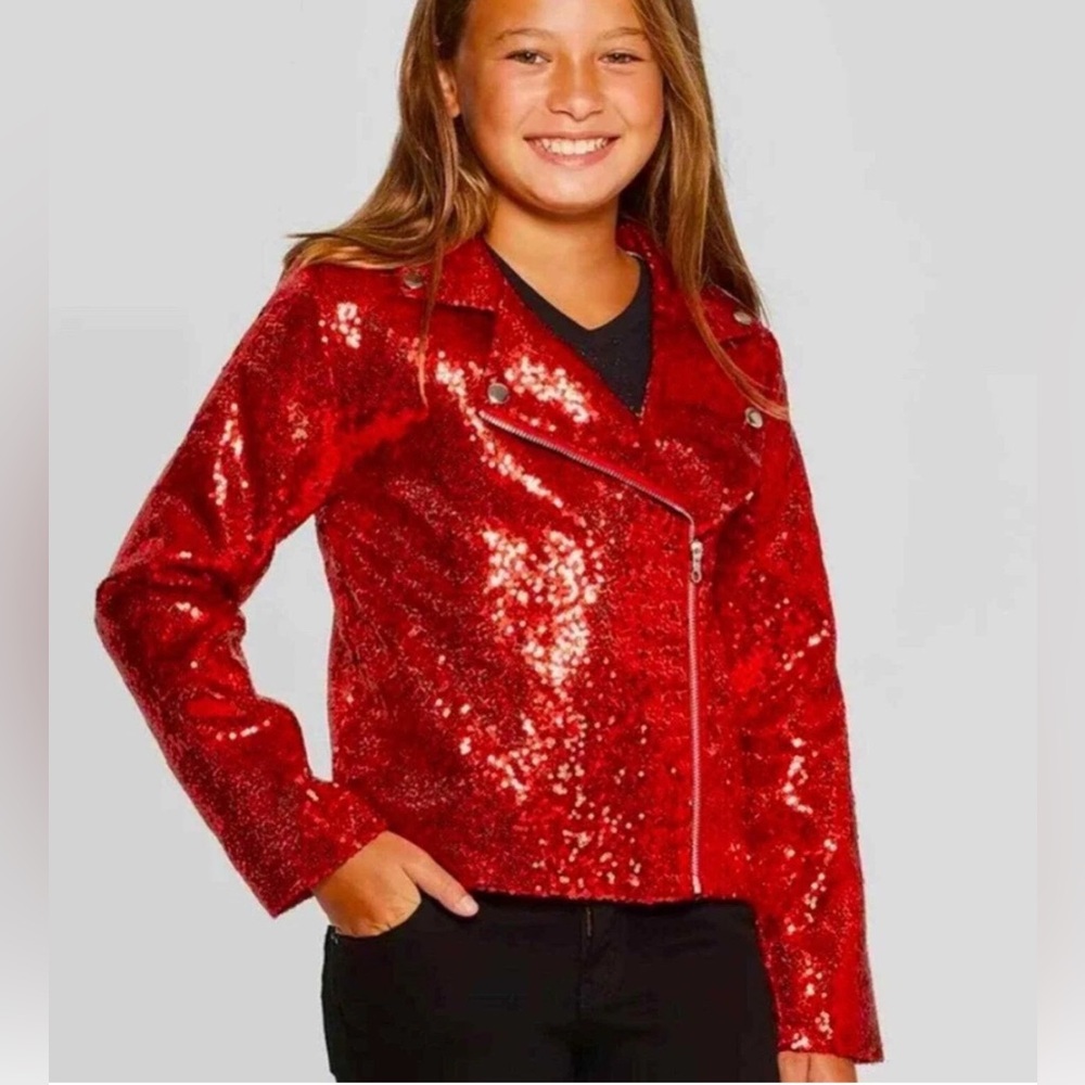 Girls' JoJo Siwa Closet Holiday Collection Zip Moto Sequin Jacket Red 10/12 L